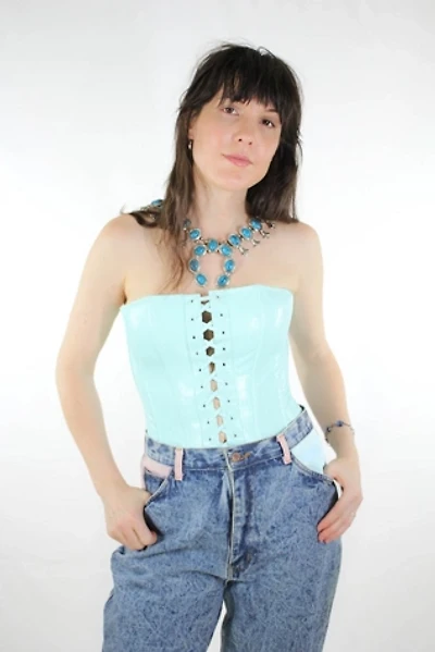 1990s Baby Blue Vegan Snakeskin Leather Lace Up Corset Selected By Moons + Junes Vintage