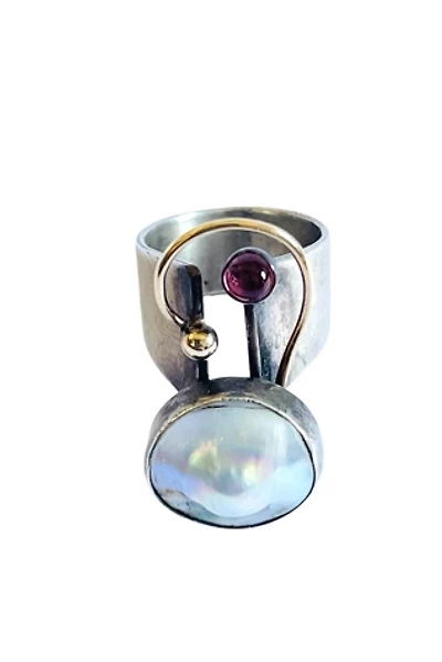 Vintage 80's Artisan Modernist Sterling Pearl Ring Selected by FernMercantile