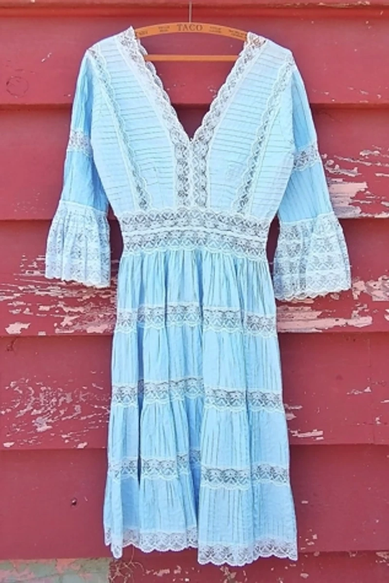 1970's Mexican Blue Pintuck Dress Selected by Garbage Soup