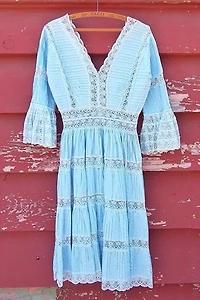 1970's Mexican Blue Pintuck Dress Selected by Garbage Soup