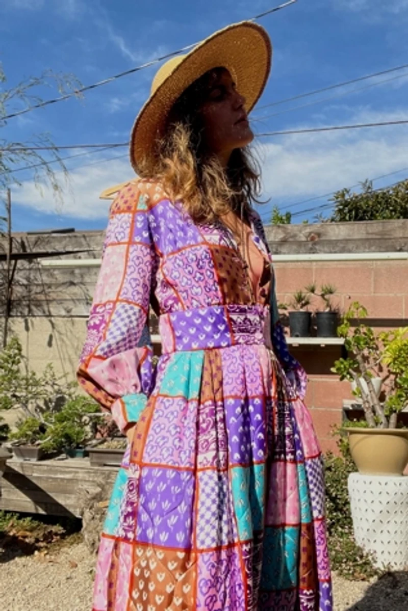 1960s Quilted Rayon Patchwork Printed Day Dress With Pockets