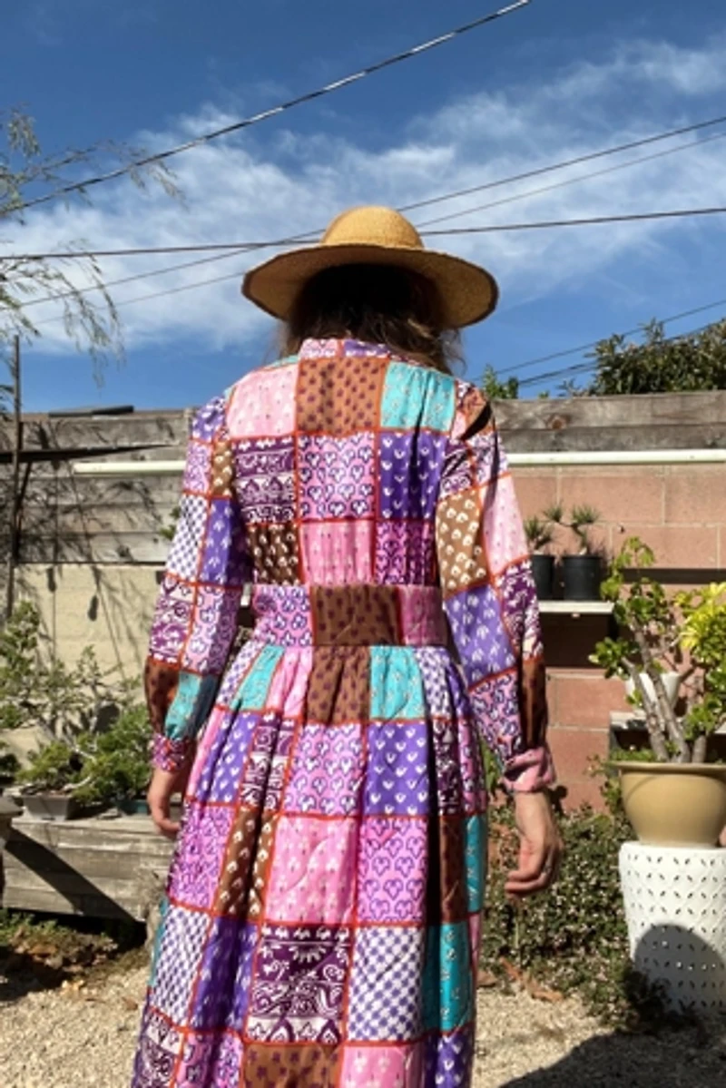 1960s Quilted Rayon Patchwork Printed Day Dress With Pockets