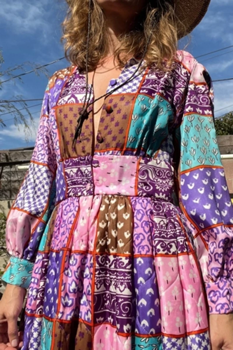 1960s Quilted Rayon Patchwork Printed Day Dress With Pockets