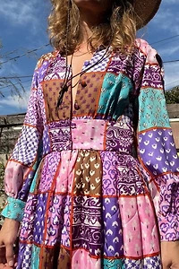 1960s Quilted Rayon Patchwork Printed Day Dress With Pockets