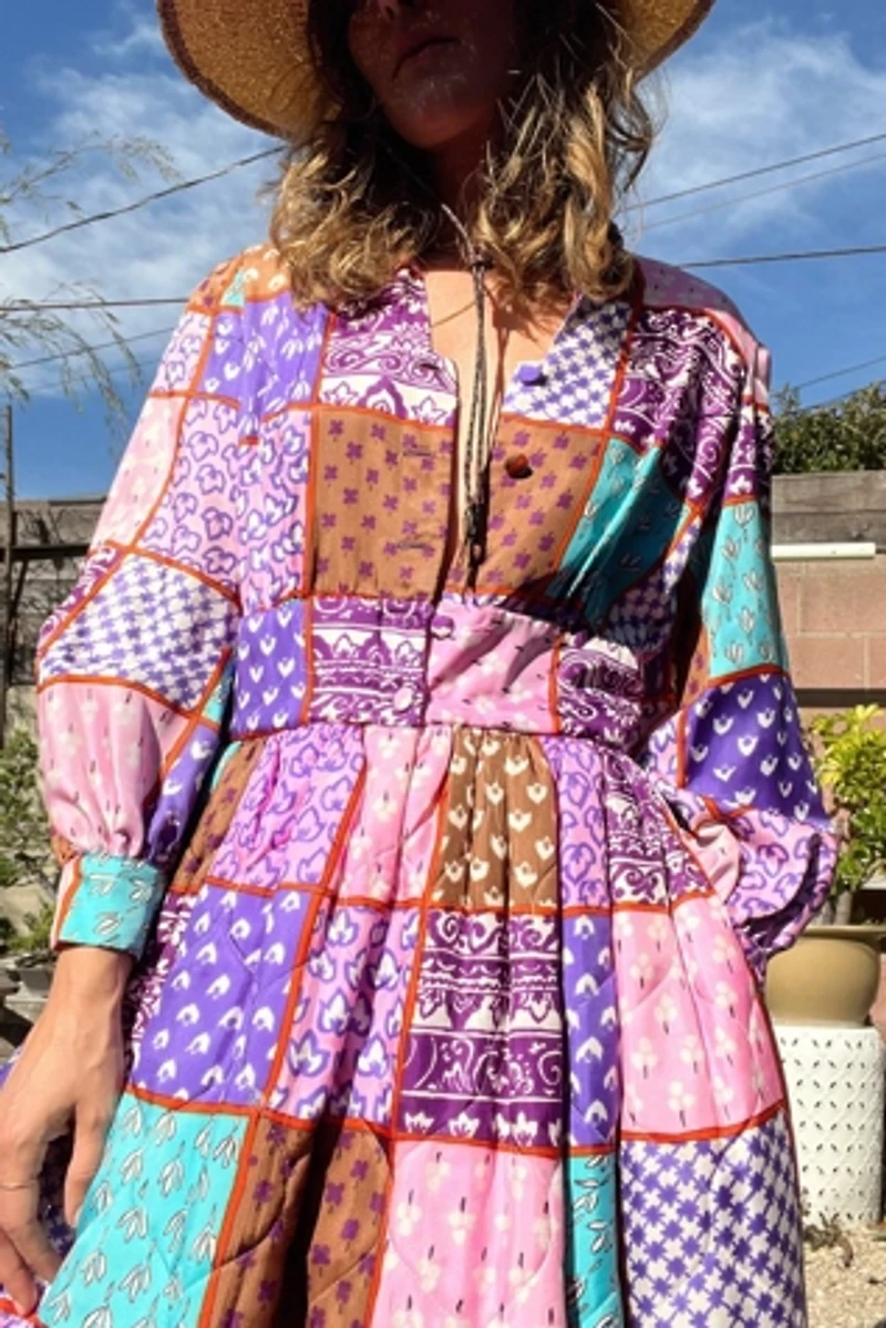 1960s Quilted Rayon Patchwork Printed Day Dress With Pockets