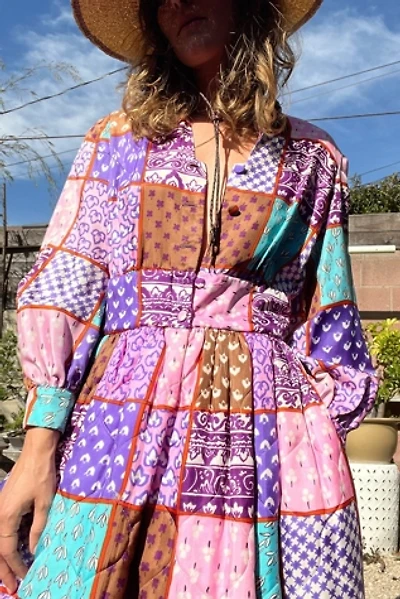 1960s Quilted Rayon Patchwork Printed Day Dress With Pockets