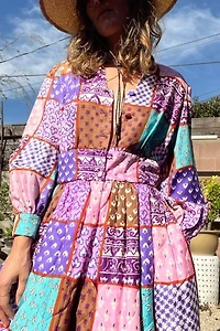 1960s Quilted Rayon Patchwork Printed Day Dress With Pockets