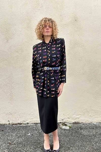 Fendi 365 Black Colorful Shoe Print Silk Blouse Selected by The Curatorial Dept.