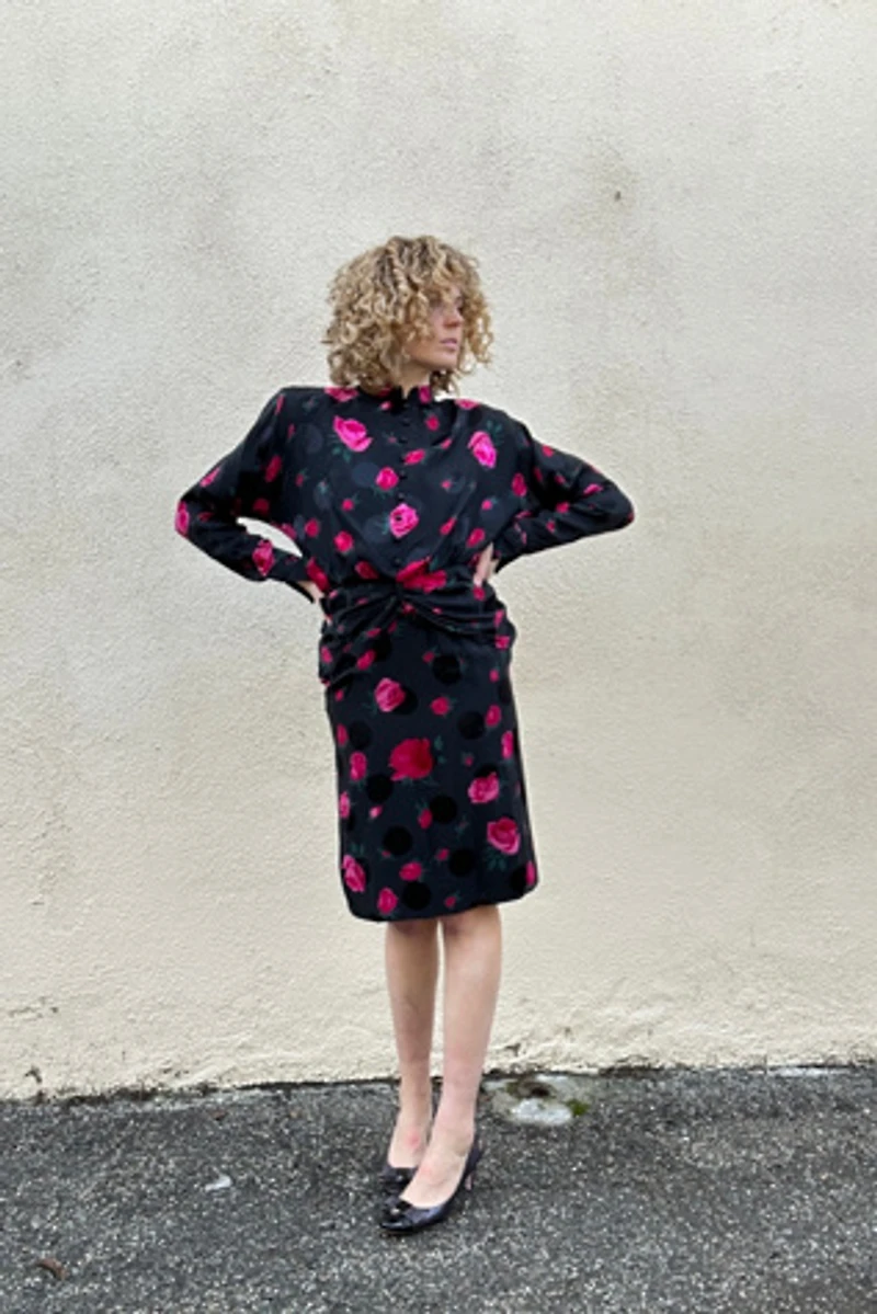 Nina Ricci Boutique Black Silk Rose Dress Selected by The Curatorial Dept.