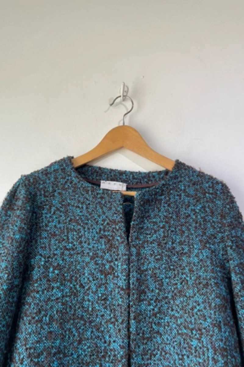 Marni Brown Aqua Tweed Mini Ruffle Blazer Selected by The Curatorial Dept.