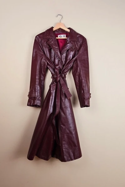 90s Vintage Burgundy Leather Trench Coat Selected By The Igala NYC