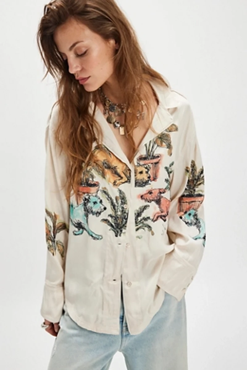 We The Free Watercolor Animal Printed Button Down
