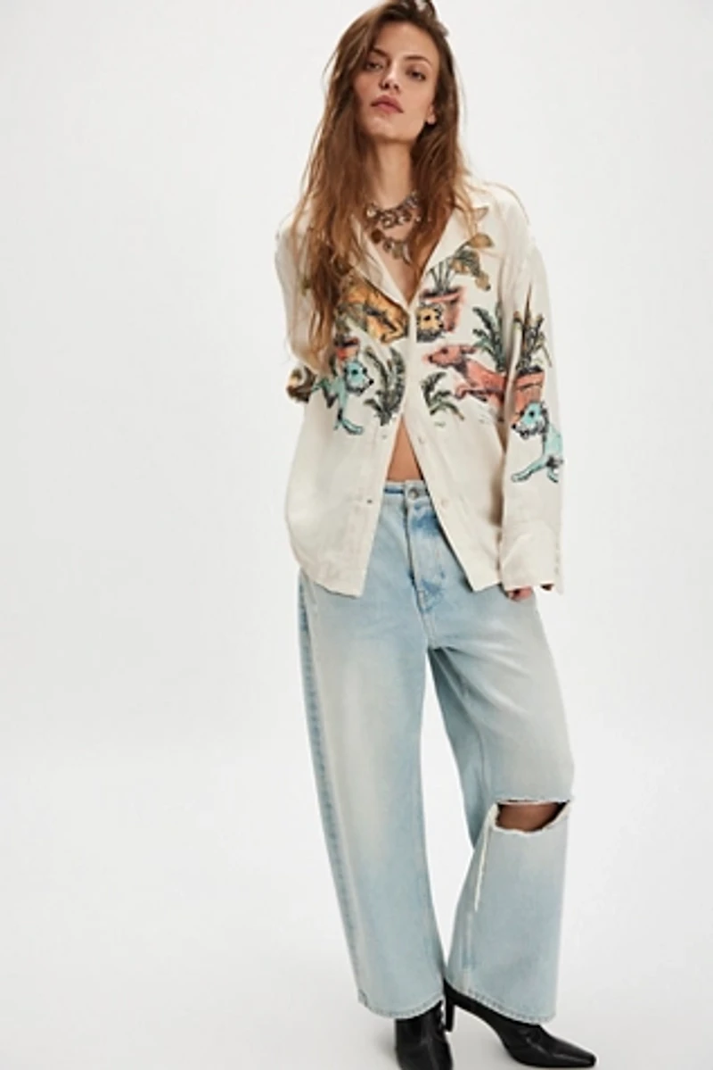 We The Free Watercolor Animal Printed Button Down