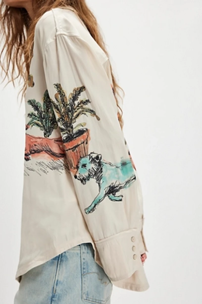We The Free Watercolor Animal Printed Button Down