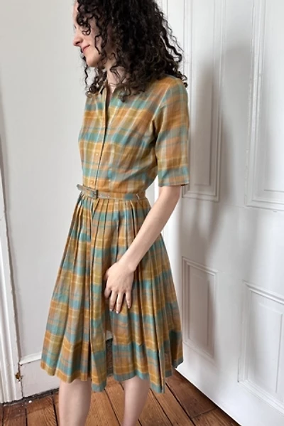Vintage Preppy 1950’s Plaid Shirt Dress with Full Skirt and Belt Selected by KA.TL.AK