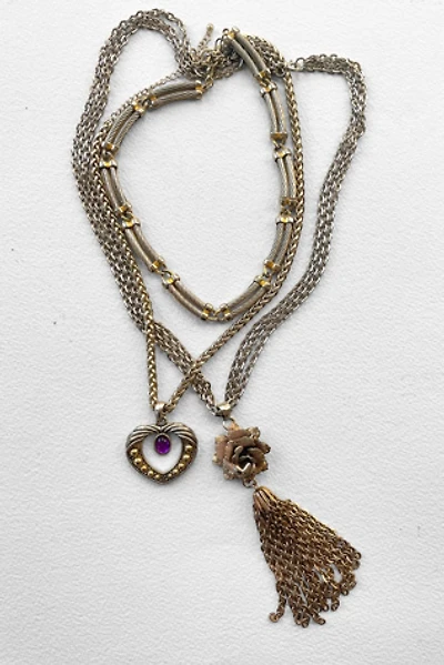 Vintage 70s Silver and Gold Layered Chain Tassel Heart Necklace Collection Selected by MARMALADE