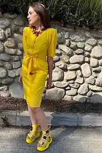 1980s Puff Sleeve Tie back Dress Selected by Personal Choice