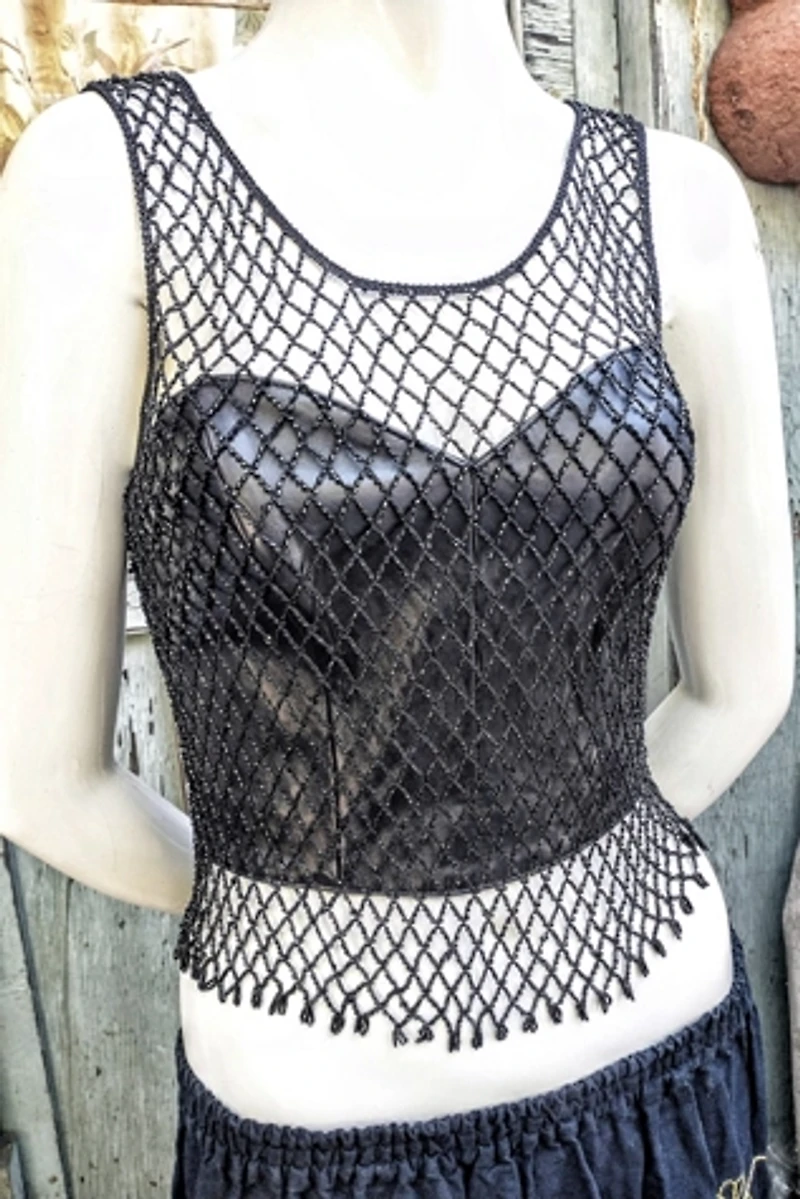 1990's Beaded Black Crochet Tank Selected by Garbage Soup