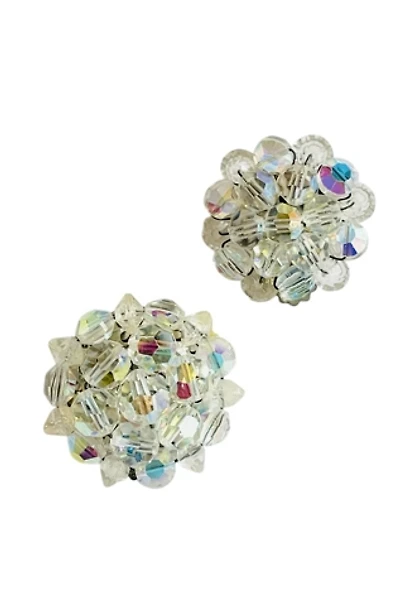 Vintage MCM Iridescent Clear Bead Cluster Clip Earrings Selected by FernMercantile