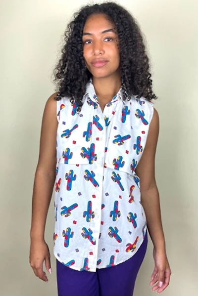 Vintage Sleeveless Cactus Print Cotton Top Selected By Ankh By Racquel