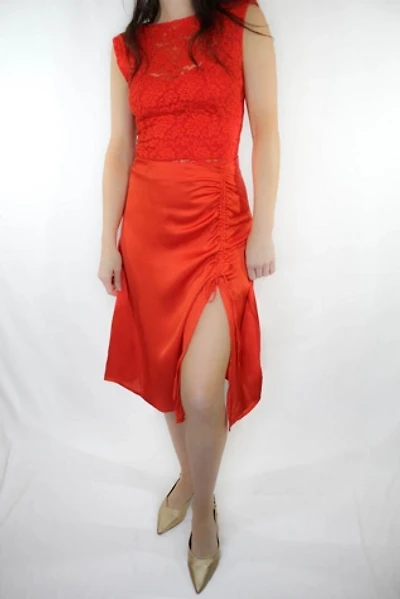 Vintage Red Satin Slit Midi Skirt Selected By Moons + Junes Vintage