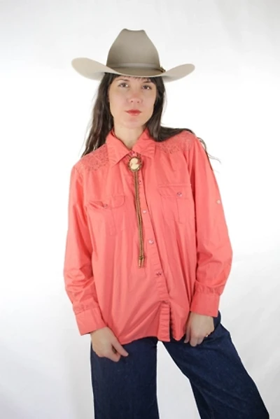 1970s Western Coral Crochet Lace Pearl Snap Button Down Selected By Moons + Junes Vintage