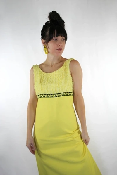 1960s Frilly Lace Yellow Maxi Dress Selected By Moons + Junes Vintage