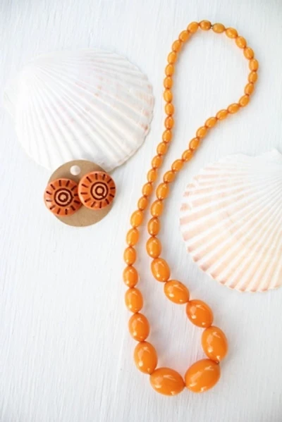 1930s Vintage Orange Molded Lucite Beaded Necklace Selected By Moons + Junes Vintage