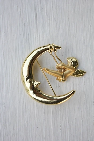 1990s Vintage Gold Moon Angel Brooch Pin Selected By Moons + Junes Vintage
