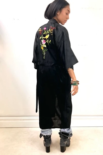 Vintage Hand Embroidered Silky Noir Bird Kimono Selected by Anna Corinna