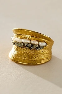 Marly Moretti Pyrite & Pearl Curved Ring