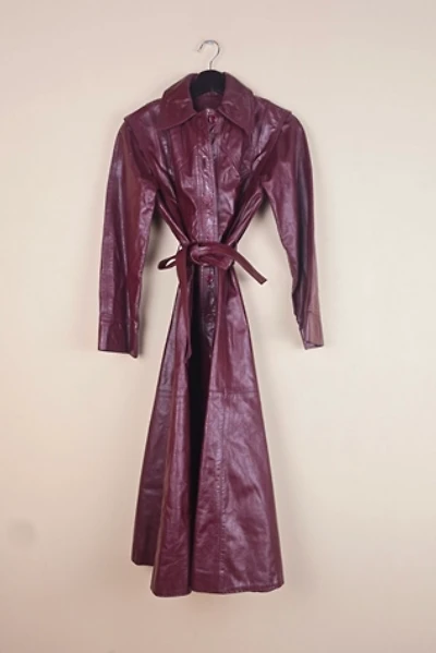 Vintage Slim Fit Floor Length Burgundy Leather Trench Coat Selected By The Igala NYC