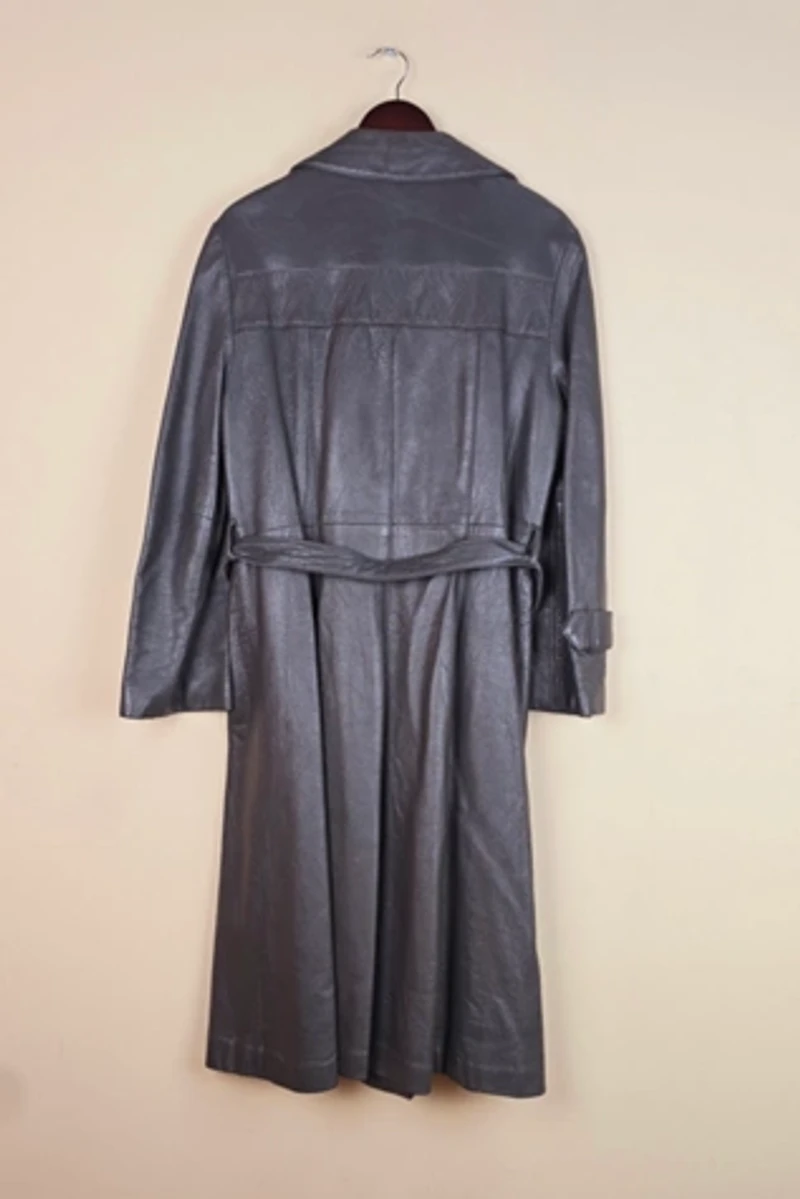 RARE 24K by Dandi Modes Grey Leather Trench Coat Selected By The Igala NYC