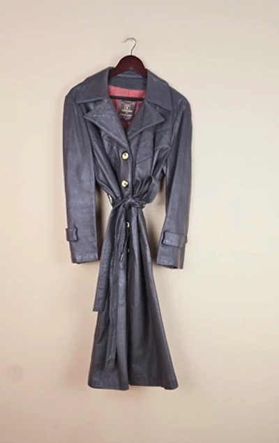 RARE 24K by Dandi Modes Grey Leather Trench Coat Selected By The Igala NYC