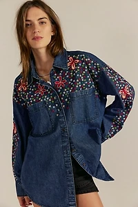 We The Free Rainbow Embroidered Denim Top