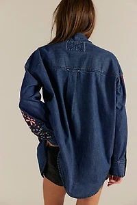 We The Free Rainbow Embroidered Denim Top