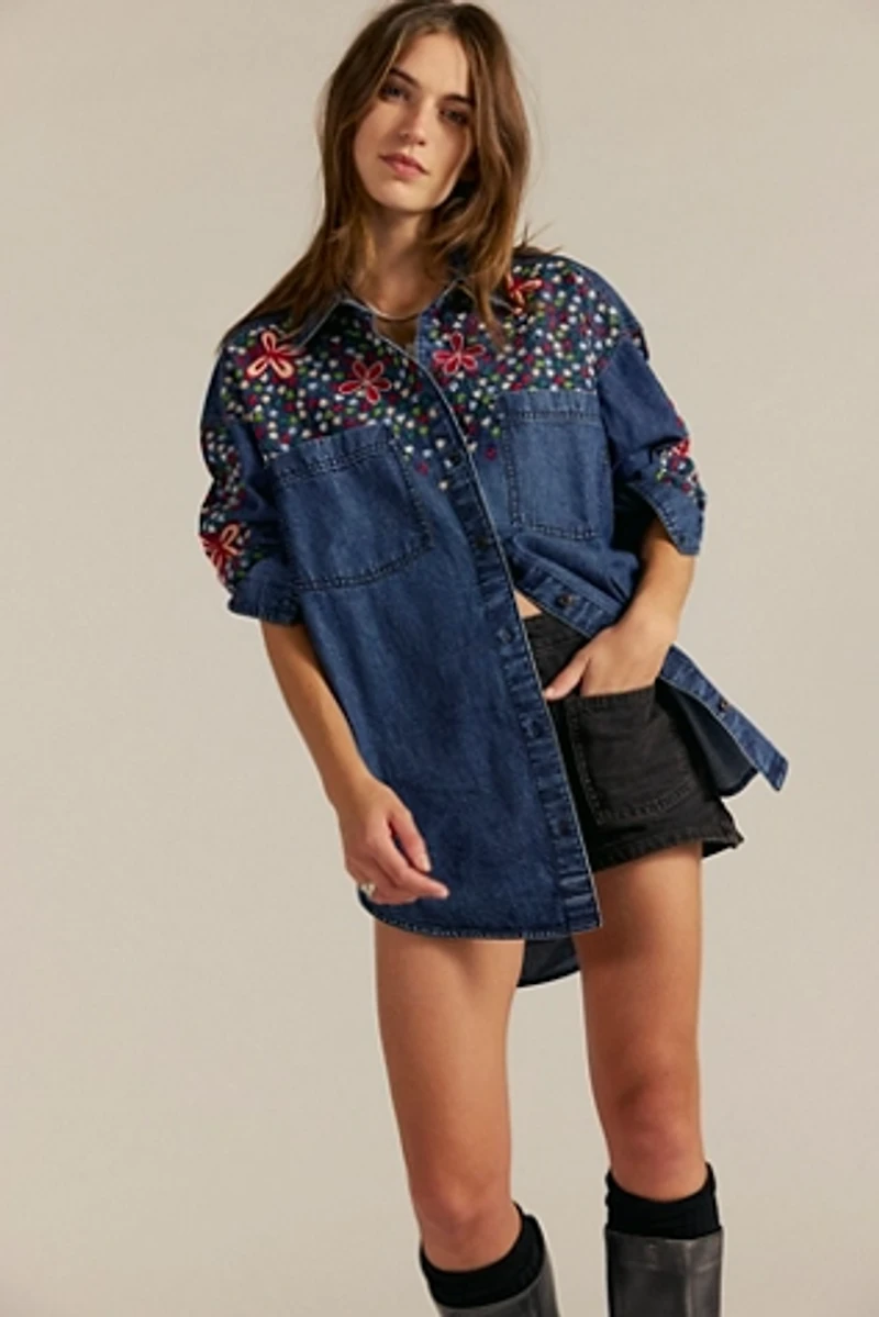 We The Free Rainbow Embroidered Denim Top