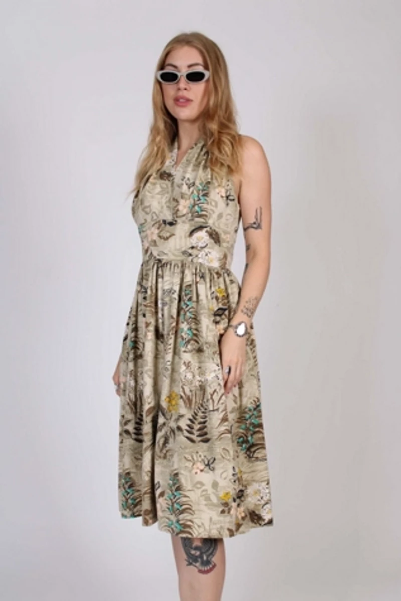 1950s Tropical Floral Halter Dress Selected By Wolf and Moon Vintage