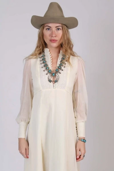 1970s White Prairie Dress with Embroidered Details Selected By Wolf And Moon Vintage