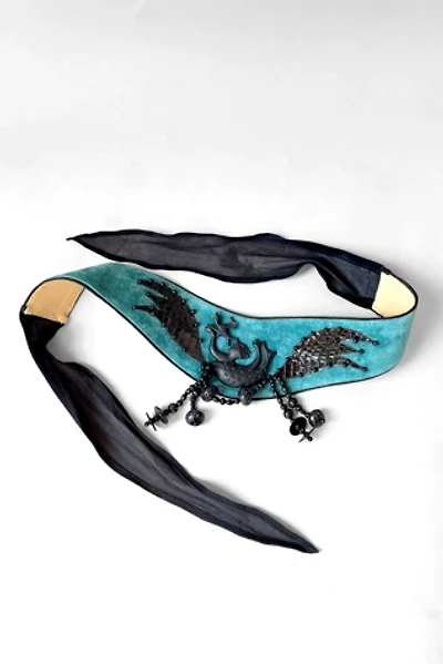 80s Vintage Teal Suede Laise Adzer Beaded Mermaid Belt Selected by MARMALADE