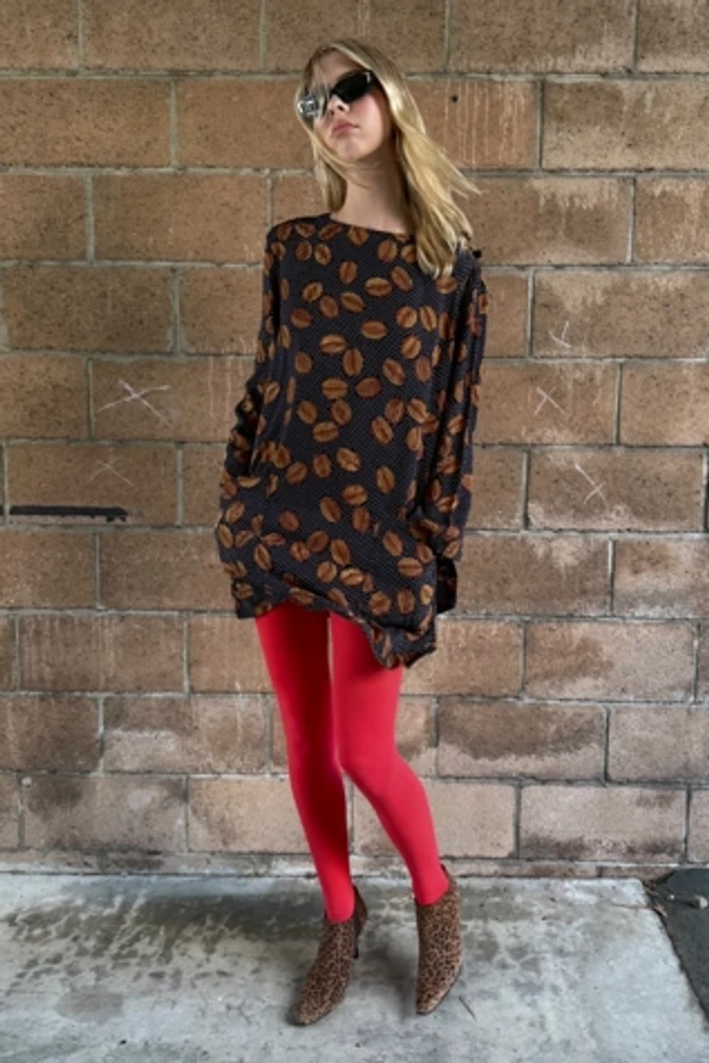 1980s Bill Blass Coffee Bean & Polka Dot Print Silk Tunic Selected by Personal Choice