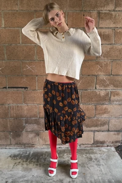 1980s Bill Blass Coffee Bean & Polka Dot Silk Skirt Selected by Personal Choice