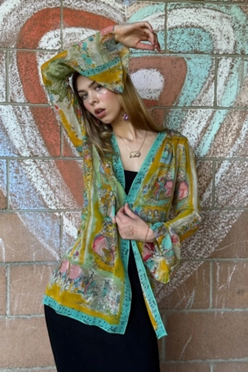 1990s Ungaro Sheer Bell Sleeve 18th Century Print Jacket Selected by Personal Choice
