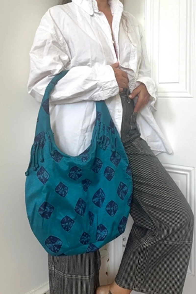 Hand Dyed Blue Green Silk Shibori Hobo Style Bag Selected by KA.TL.AK