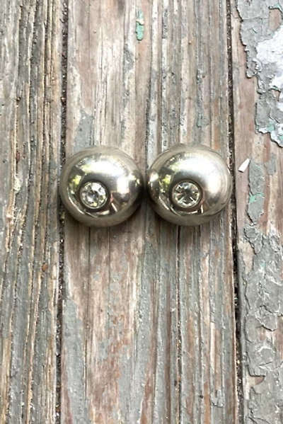 Vintage 1960s Chrome Dome with Rhinestone Clip On Earrings Selected by Cherry
