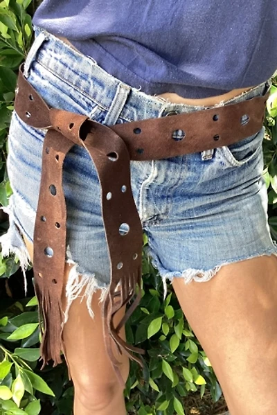 Vintage 1970s Brown Suede Fringe Belt with Holes Selected by Cherry