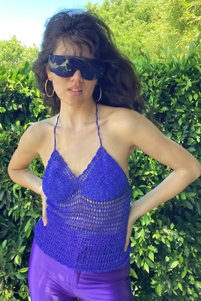 Vintage 1970s Metallic Silver and Blue Crochet Halter Selected by Cherry