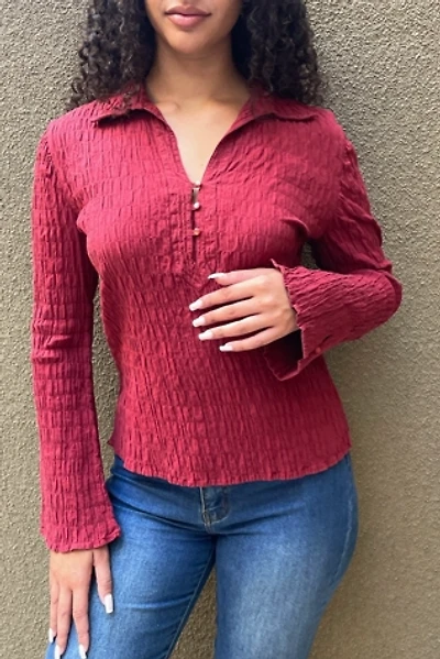 Vintage Dark Red Crinkle Top With Flared Sleeves Selected By Ankh By Racquel