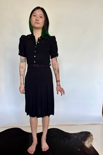 Vintage Black Crepe Pearl Button Pleated Skirt Dress Selected by Atlantic Vintage