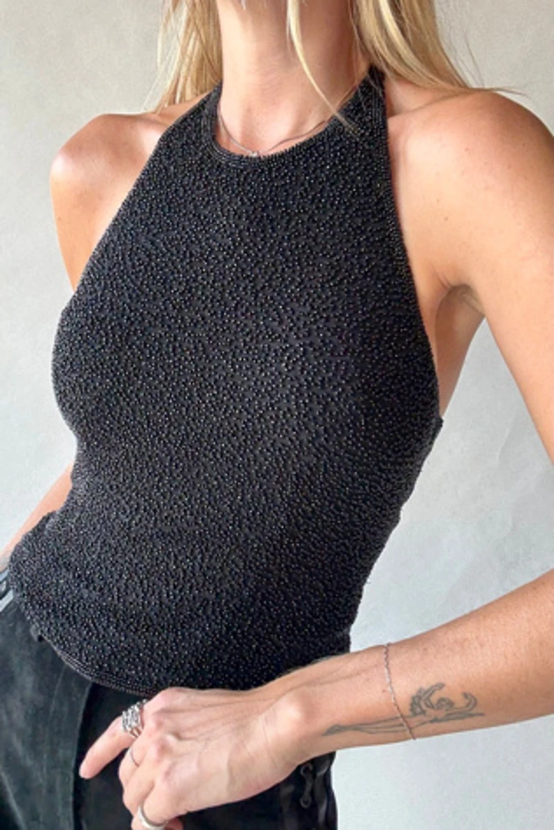 Black Beaded Halter Top Selected by Wax Plant